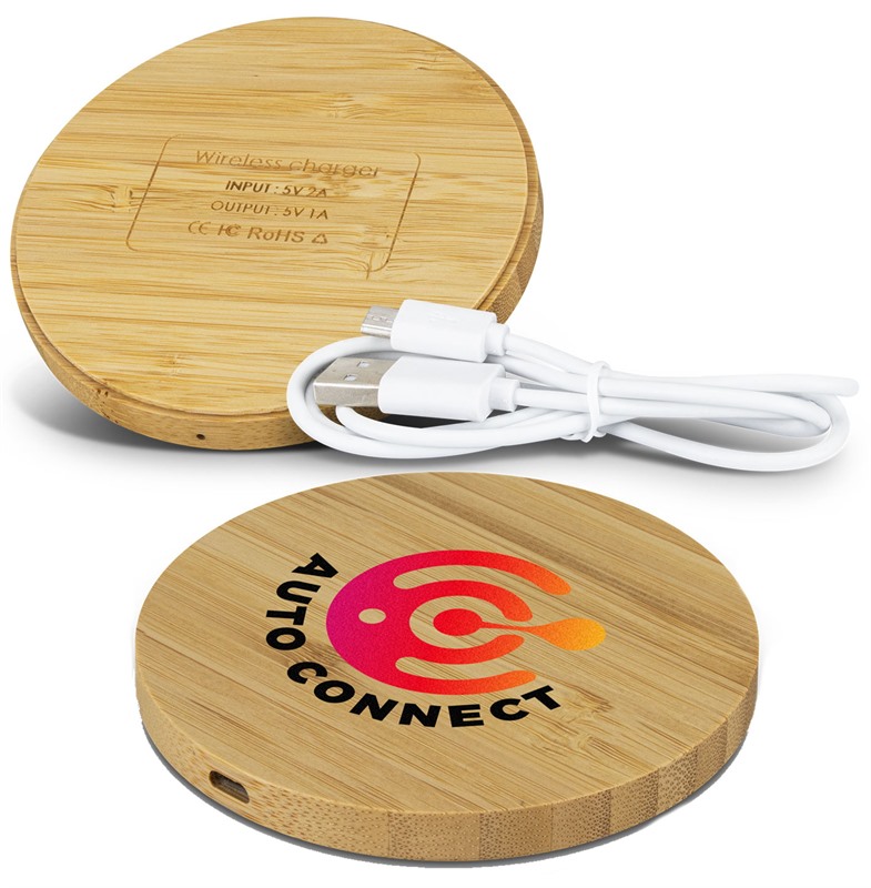 Branded Aura Round Bamboo Wireless Chargers are made from natural bamb