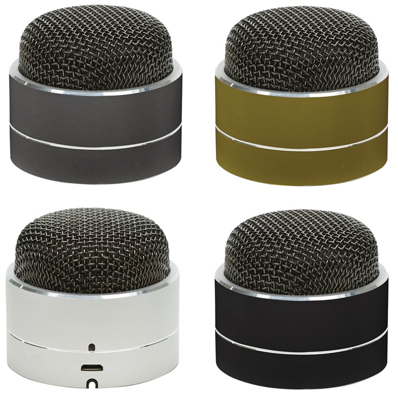 Branded Clef Bluetooth Speakers offer a trendy microphone-inspired des