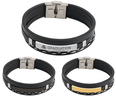 Layered Stitch Accent Leather Bracelet With Hook Buckle